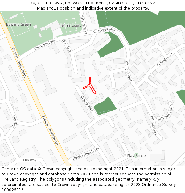 70, CHEERE WAY, PAPWORTH EVERARD, CAMBRIDGE, CB23 3NZ: Location map and indicative extent of plot