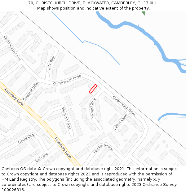 70, CHRISTCHURCH DRIVE, BLACKWATER, CAMBERLEY, GU17 0HH: Location map and indicative extent of plot