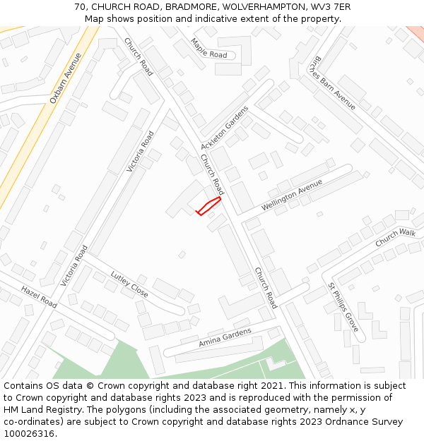 70, CHURCH ROAD, BRADMORE, WOLVERHAMPTON, WV3 7ER: Location map and indicative extent of plot