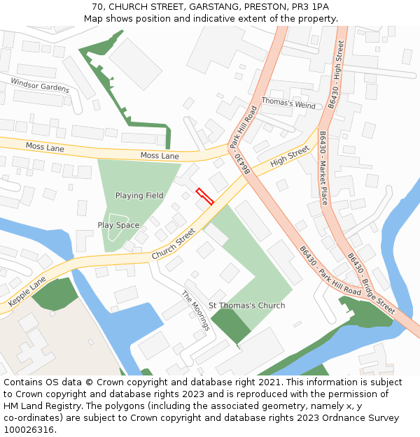 70, CHURCH STREET, GARSTANG, PRESTON, PR3 1PA: Location map and indicative extent of plot