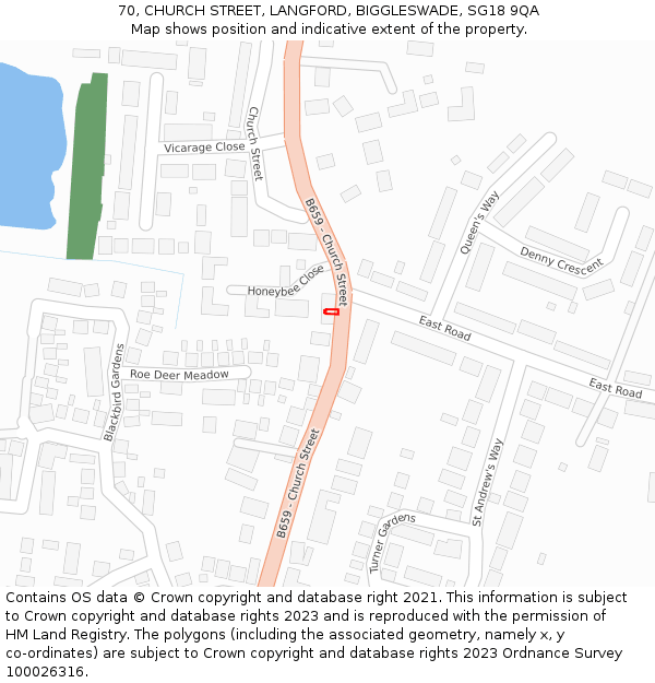 70, CHURCH STREET, LANGFORD, BIGGLESWADE, SG18 9QA: Location map and indicative extent of plot