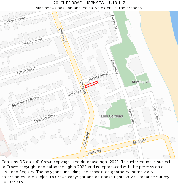 70, CLIFF ROAD, HORNSEA, HU18 1LZ: Location map and indicative extent of plot