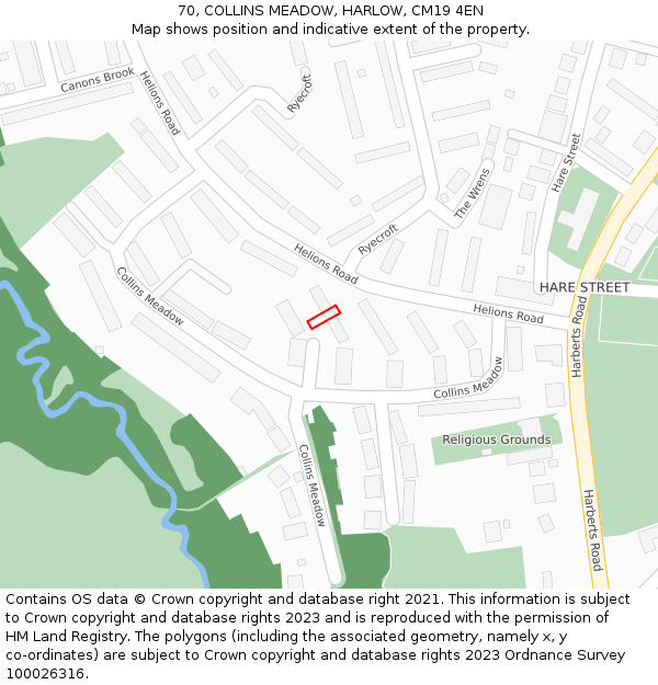 70, COLLINS MEADOW, HARLOW, CM19 4EN: Location map and indicative extent of plot