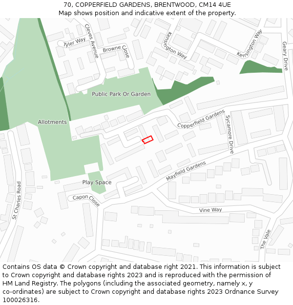 70, COPPERFIELD GARDENS, BRENTWOOD, CM14 4UE: Location map and indicative extent of plot