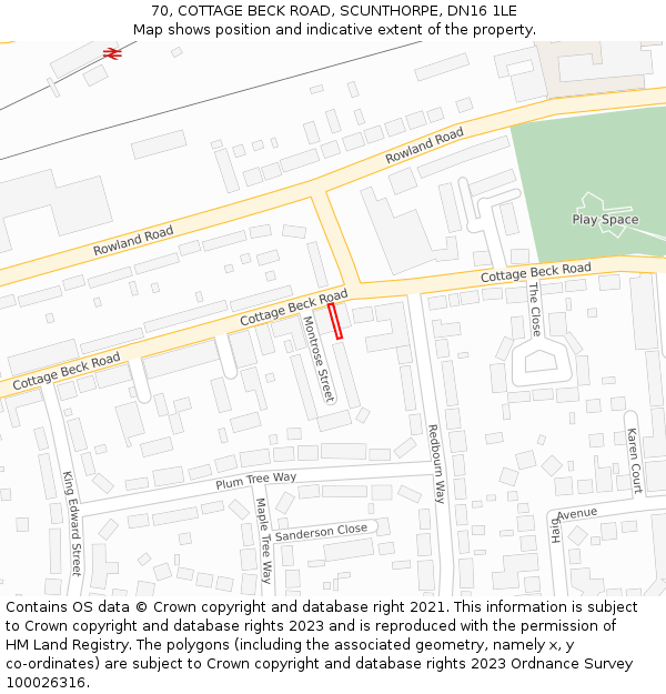 70, COTTAGE BECK ROAD, SCUNTHORPE, DN16 1LE: Location map and indicative extent of plot