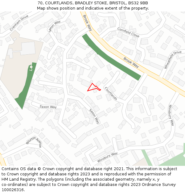 70, COURTLANDS, BRADLEY STOKE, BRISTOL, BS32 9BB: Location map and indicative extent of plot