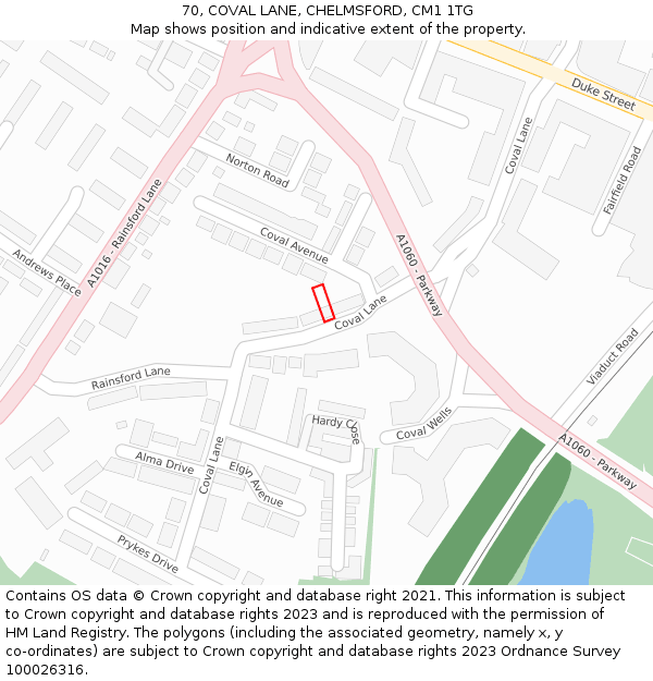 70, COVAL LANE, CHELMSFORD, CM1 1TG: Location map and indicative extent of plot