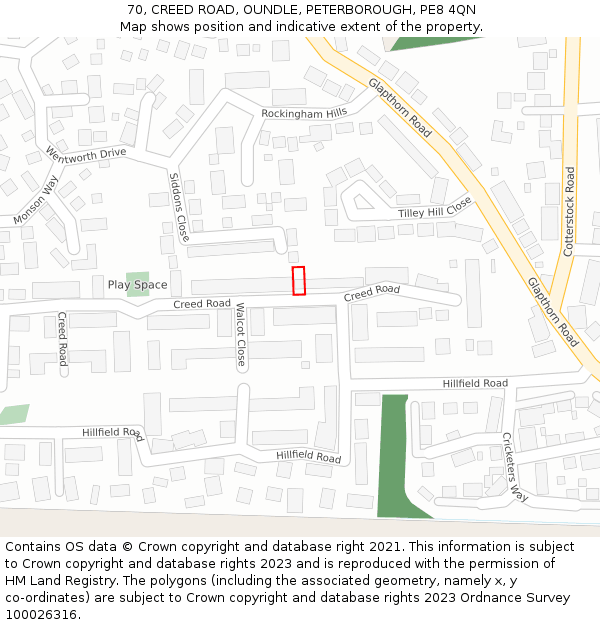 70, CREED ROAD, OUNDLE, PETERBOROUGH, PE8 4QN: Location map and indicative extent of plot