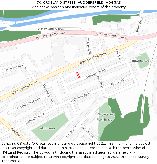 70, CROSLAND STREET, HUDDERSFIELD, HD4 5AS: Location map and indicative extent of plot