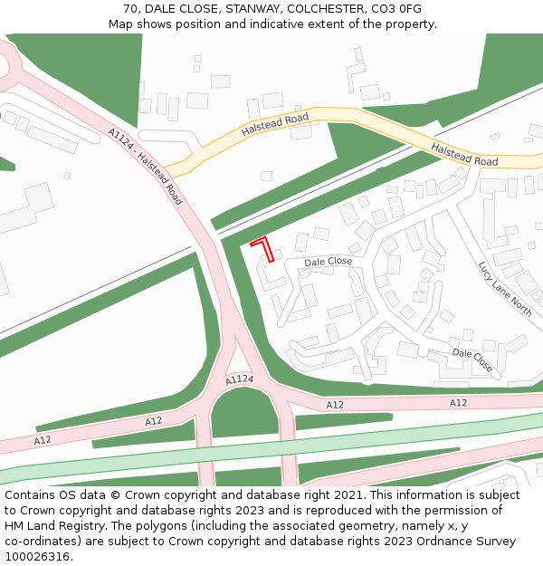 70, DALE CLOSE, STANWAY, COLCHESTER, CO3 0FG: Location map and indicative extent of plot