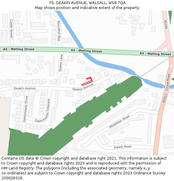 70, DEAKIN AVENUE, WALSALL, WS8 7QA: Location map and indicative extent of plot