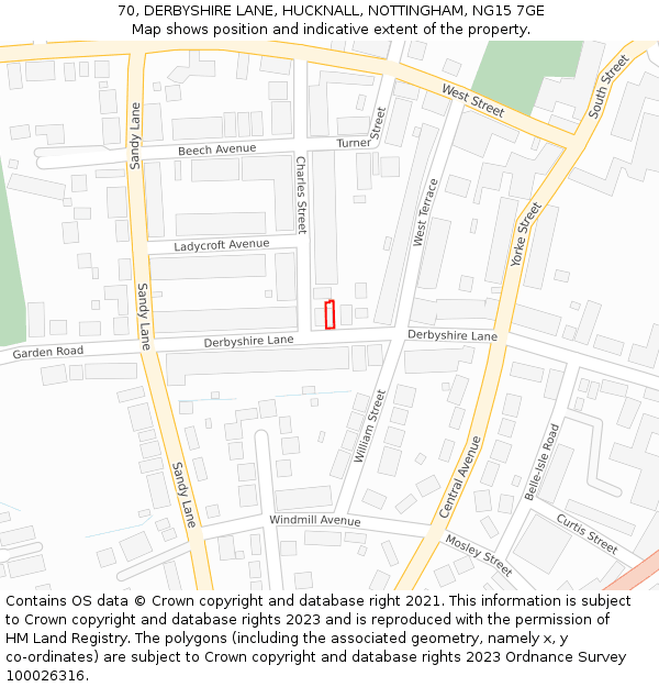 70, DERBYSHIRE LANE, HUCKNALL, NOTTINGHAM, NG15 7GE: Location map and indicative extent of plot