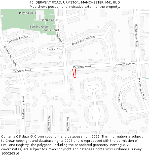70, DERWENT ROAD, URMSTON, MANCHESTER, M41 8UD: Location map and indicative extent of plot