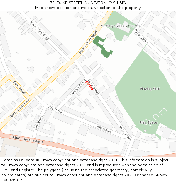 70, DUKE STREET, NUNEATON, CV11 5PY: Location map and indicative extent of plot