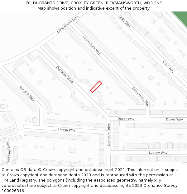 70, DURRANTS DRIVE, CROXLEY GREEN, RICKMANSWORTH, WD3 3NS: Location map and indicative extent of plot