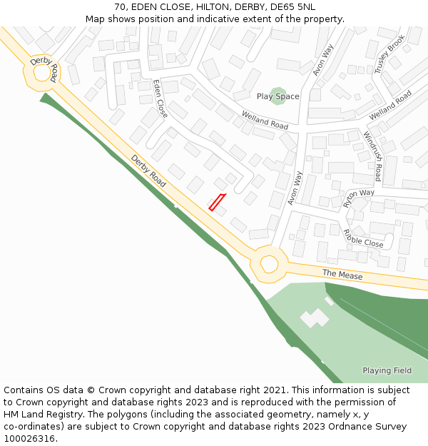 70, EDEN CLOSE, HILTON, DERBY, DE65 5NL: Location map and indicative extent of plot