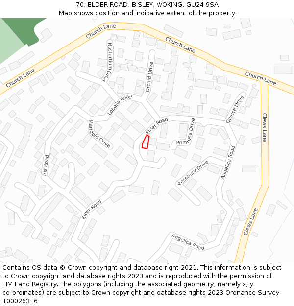 70, ELDER ROAD, BISLEY, WOKING, GU24 9SA: Location map and indicative extent of plot