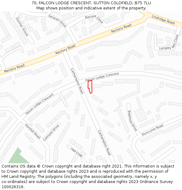 70, FALCON LODGE CRESCENT, SUTTON COLDFIELD, B75 7LU: Location map and indicative extent of plot