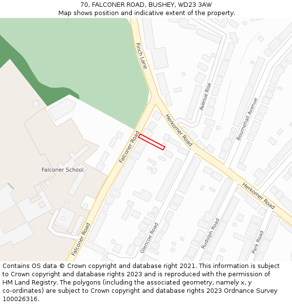 70, FALCONER ROAD, BUSHEY, WD23 3AW: Location map and indicative extent of plot