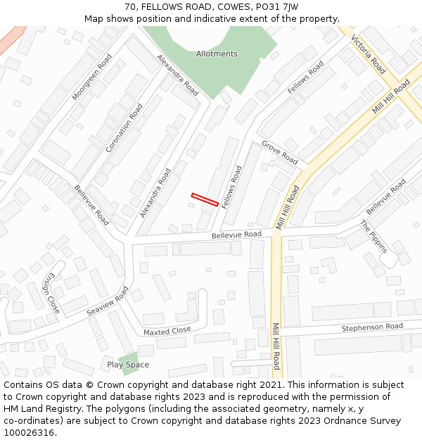 70, FELLOWS ROAD, COWES, PO31 7JW: Location map and indicative extent of plot