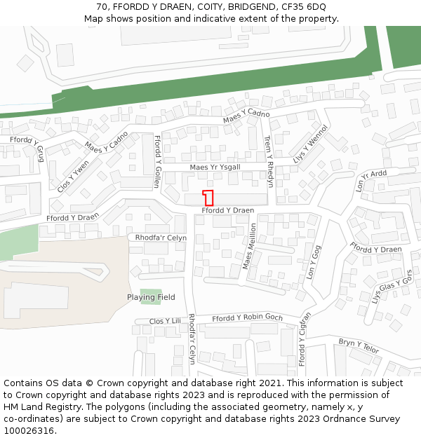 70, FFORDD Y DRAEN, COITY, BRIDGEND, CF35 6DQ: Location map and indicative extent of plot