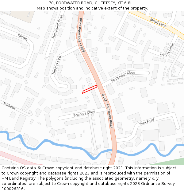 70, FORDWATER ROAD, CHERTSEY, KT16 8HL: Location map and indicative extent of plot