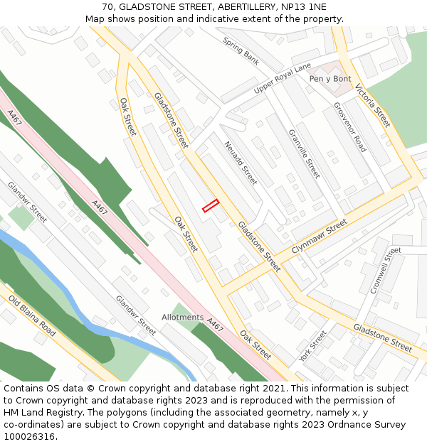 70, GLADSTONE STREET, ABERTILLERY, NP13 1NE: Location map and indicative extent of plot