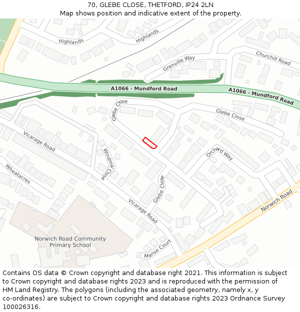 70, GLEBE CLOSE, THETFORD, IP24 2LN: Location map and indicative extent of plot