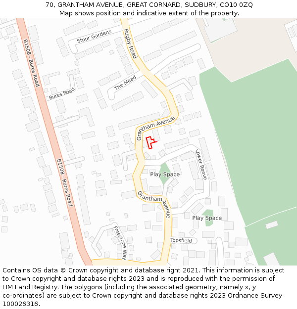 70, GRANTHAM AVENUE, GREAT CORNARD, SUDBURY, CO10 0ZQ: Location map and indicative extent of plot