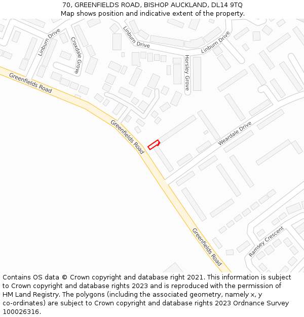 70, GREENFIELDS ROAD, BISHOP AUCKLAND, DL14 9TQ: Location map and indicative extent of plot