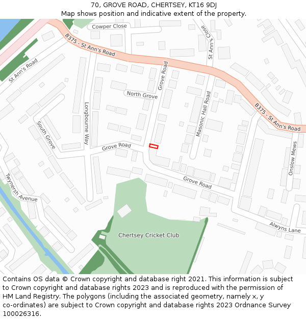 70, GROVE ROAD, CHERTSEY, KT16 9DJ: Location map and indicative extent of plot