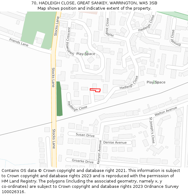 70, HADLEIGH CLOSE, GREAT SANKEY, WARRINGTON, WA5 3SB: Location map and indicative extent of plot