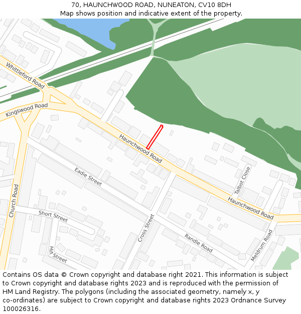 70, HAUNCHWOOD ROAD, NUNEATON, CV10 8DH: Location map and indicative extent of plot