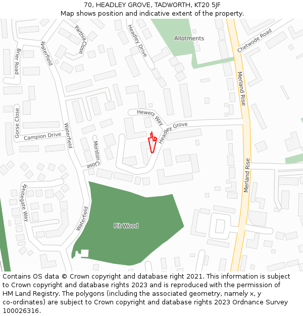 70, HEADLEY GROVE, TADWORTH, KT20 5JF: Location map and indicative extent of plot
