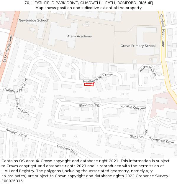 70, HEATHFIELD PARK DRIVE, CHADWELL HEATH, ROMFORD, RM6 4FJ: Location map and indicative extent of plot