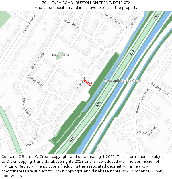 70, HEVEA ROAD, BURTON-ON-TRENT, DE13 0TX: Location map and indicative extent of plot