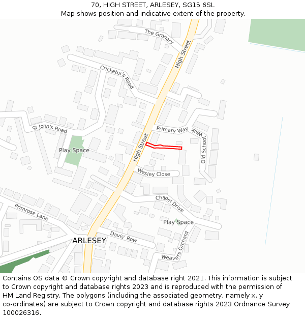 70, HIGH STREET, ARLESEY, SG15 6SL: Location map and indicative extent of plot
