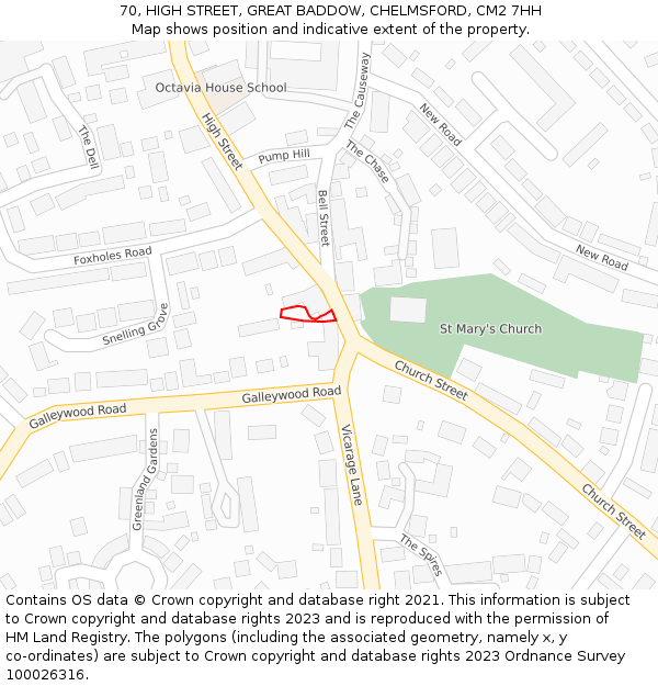 70, HIGH STREET, GREAT BADDOW, CHELMSFORD, CM2 7HH: Location map and indicative extent of plot