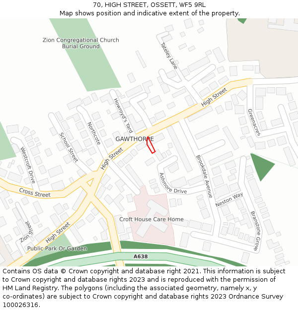 70, HIGH STREET, OSSETT, WF5 9RL: Location map and indicative extent of plot