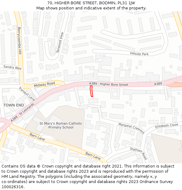 70, HIGHER BORE STREET, BODMIN, PL31 1JW: Location map and indicative extent of plot
