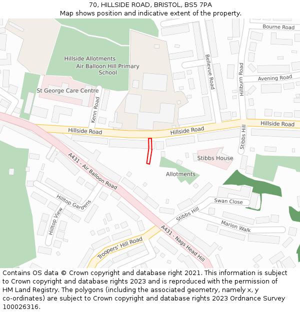 70, HILLSIDE ROAD, BRISTOL, BS5 7PA: Location map and indicative extent of plot