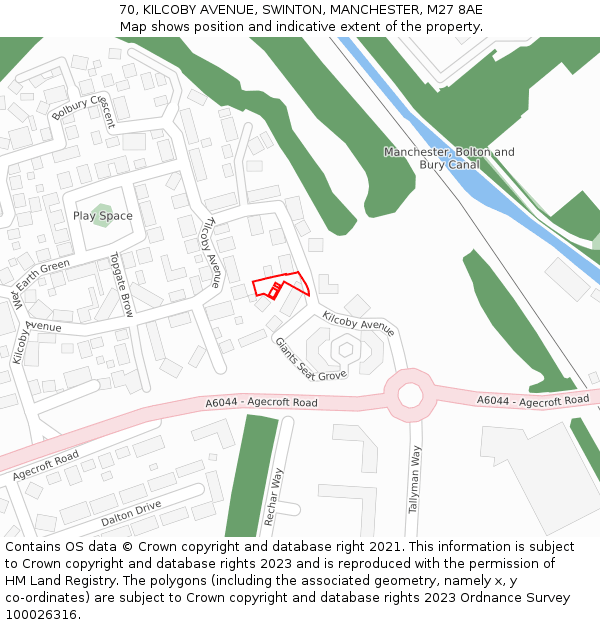 70, KILCOBY AVENUE, SWINTON, MANCHESTER, M27 8AE: Location map and indicative extent of plot