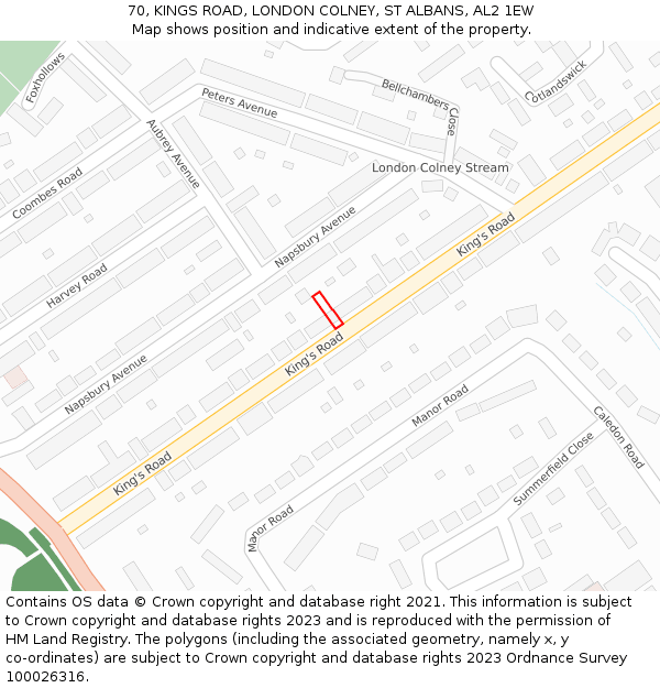70, KINGS ROAD, LONDON COLNEY, ST ALBANS, AL2 1EW: Location map and indicative extent of plot