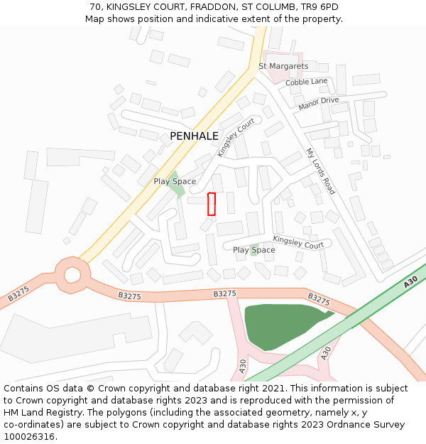 70, KINGSLEY COURT, FRADDON, ST COLUMB, TR9 6PD: Location map and indicative extent of plot