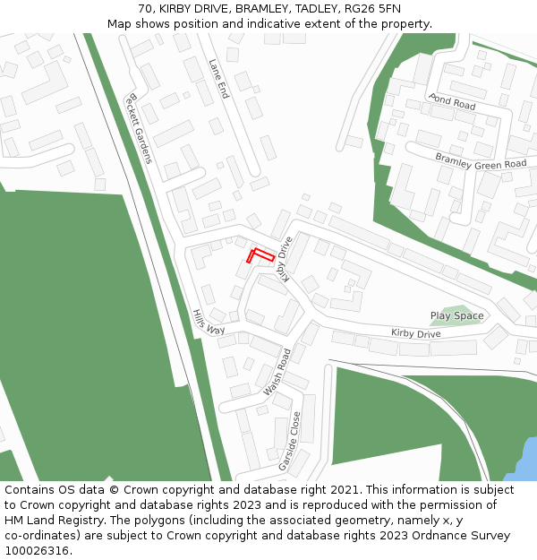 70, KIRBY DRIVE, BRAMLEY, TADLEY, RG26 5FN: Location map and indicative extent of plot