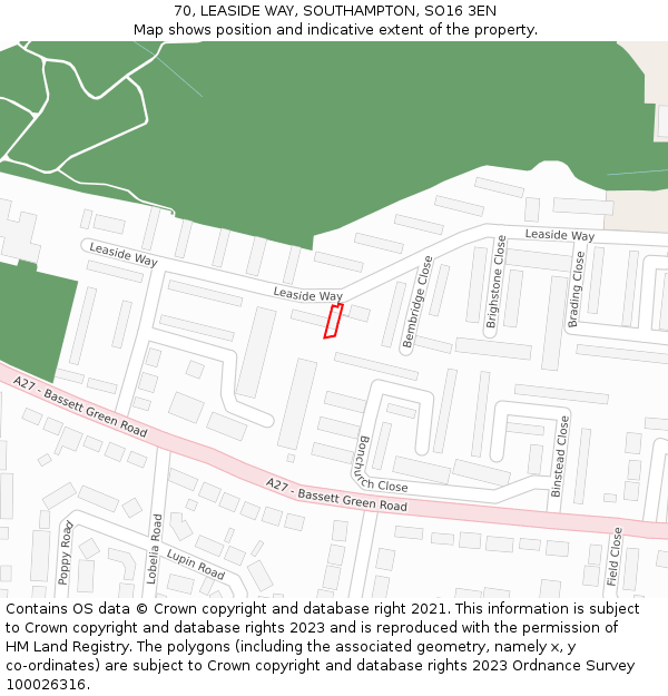 70, LEASIDE WAY, SOUTHAMPTON, SO16 3EN: Location map and indicative extent of plot