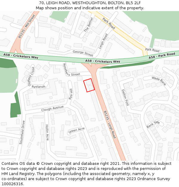 70, LEIGH ROAD, WESTHOUGHTON, BOLTON, BL5 2LF: Location map and indicative extent of plot