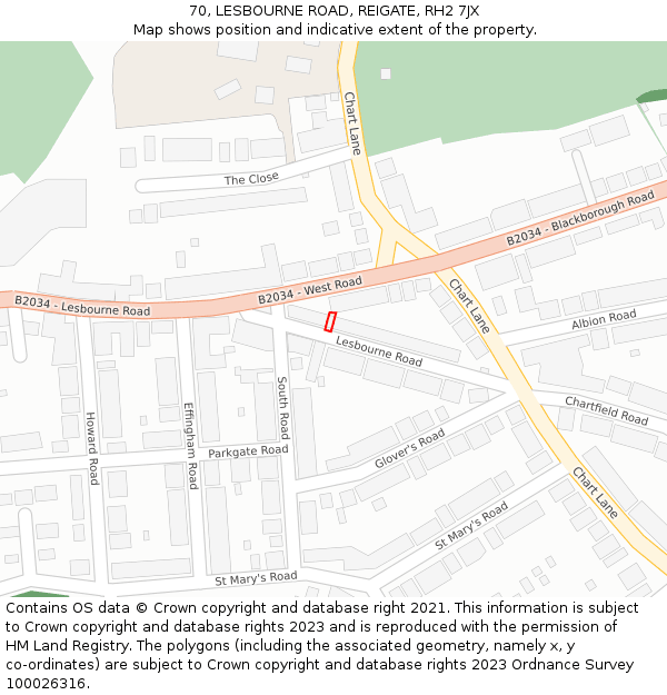70, LESBOURNE ROAD, REIGATE, RH2 7JX: Location map and indicative extent of plot