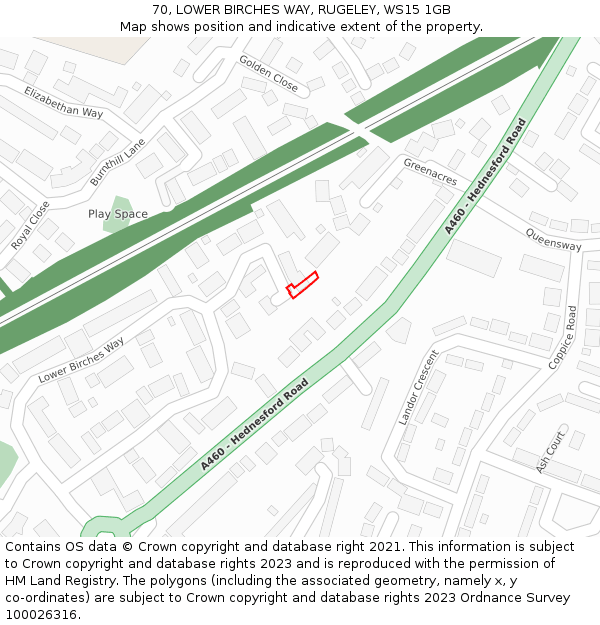 70, LOWER BIRCHES WAY, RUGELEY, WS15 1GB: Location map and indicative extent of plot