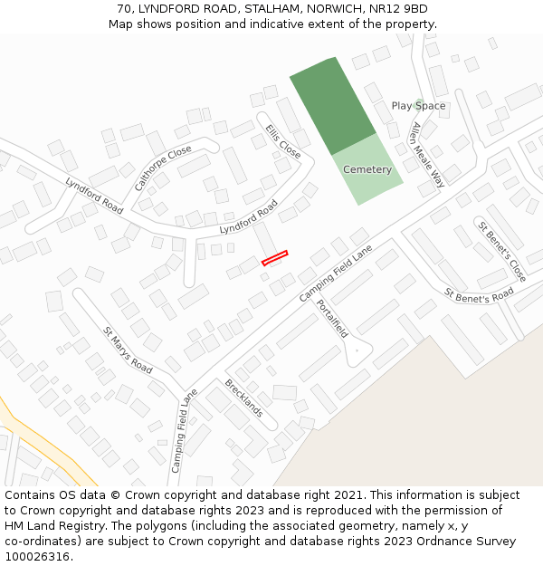 70, LYNDFORD ROAD, STALHAM, NORWICH, NR12 9BD: Location map and indicative extent of plot